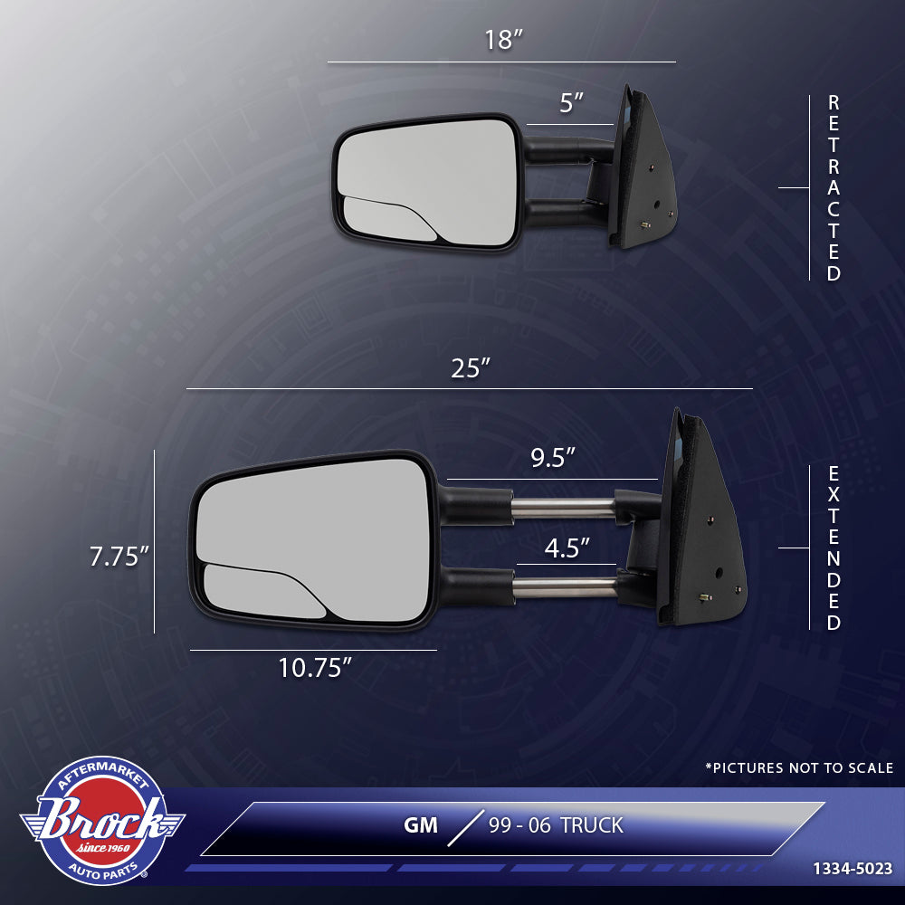 Brock Replacement Driver Manual Telescopic Tow Mirror with Spotter Glass Compatible with 1999-2007 Silverado Sierra Pickup Truck