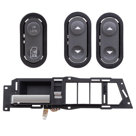 Brock Replacement Driver Left Inside Door Handle With Black Base/Chrome Lever With Window & Lock Switches 4 Piece Set Compatible With 1990-1994 GM C/K Pickup