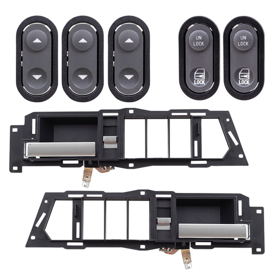 Brock Replacement Driver Left Passenger Right Inside Door Handle With Black Base/Chrome Lever With Window & Lock Switches 7 Piece Set Compatible With 1990-1994 GM C/K Pickup