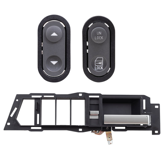 Brock Replacement Passenger Right Inside Door Handle With Black Base/Chrome Lever With Window & Lock Switches 3 Piece Set Compatible With 1990-1994 GM C/K Pickup
