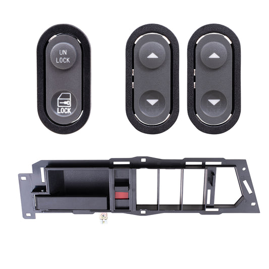 1990-1994 GM C/K Pickup Inside Door Handle With Black Base/Black Lever With Window & Lock Switches 4 Piece Set Front LH