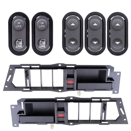 Brock Replacement Driver Left Passenger Right Inside Door Handle With Black Base/Black Lever With Window & Lock Switches 7 Piece Set Compatible With 1990-1994 GM C/K Pickup