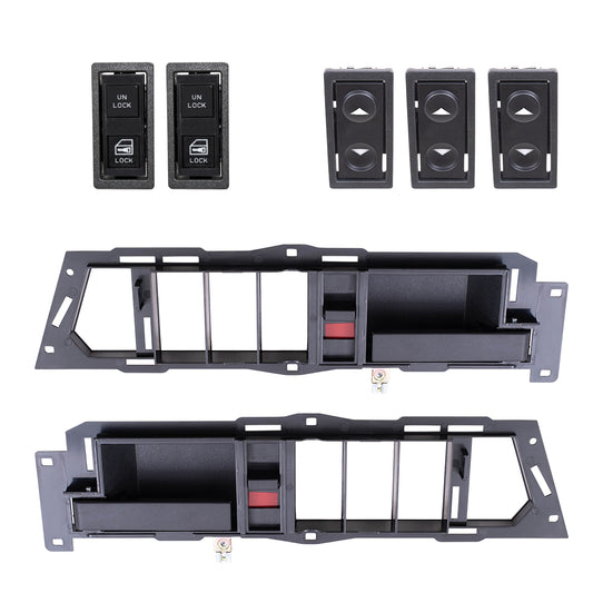 Brock Replacement Driver Left Passenger Right Inside Door Handle With Black Base/Black Lever With Window & Lock Switches 7 Piece Set Compatible With 1988-1989 GM C/K Pickup