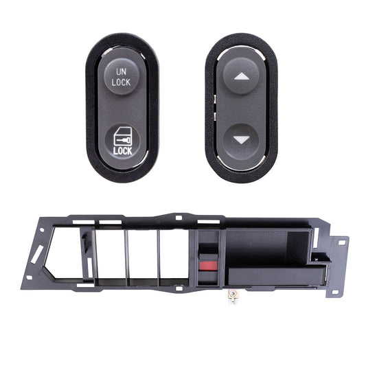 Brock Replacement Passenger Right Inside Door Handle With Black Base/Black Lever With Window & Lock Switches 3 Piece Set Compatible With 1990-1994 GM C/K Pickup