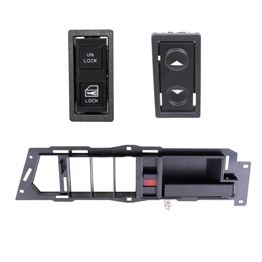 Brock Replacement Passenger Right Inside Door Handle With Black Base/Black Lever With Window & Lock Switches 3 Piece Set Compatible With 1988-1989 GM C/K Pickup