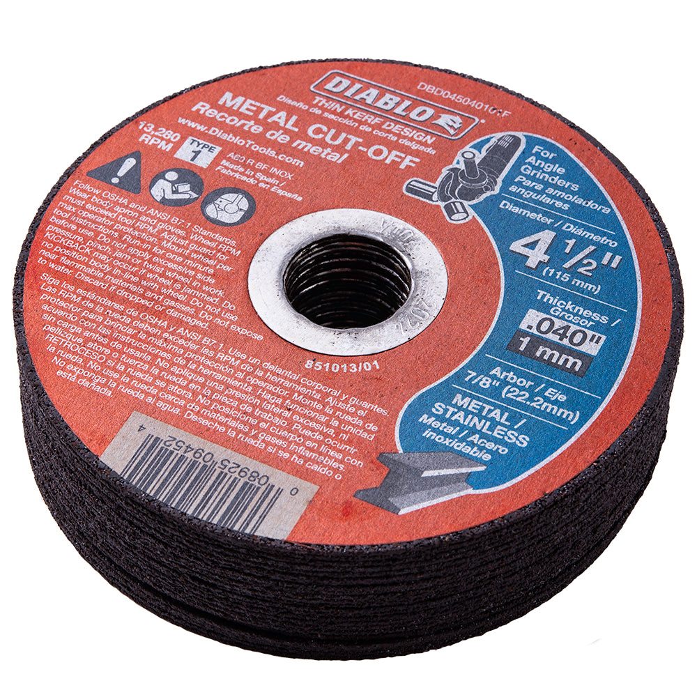 Diablo 4 1/2 Inch Metal Cut-Off Disc .040 Thick - 7/8 Inch Arbor - Type 1 Hub - Thin Kerf Design - Premium Aluminum Oxide Blend For Use On Metal Materials - 13,280 Max Rpm - 25 Pack