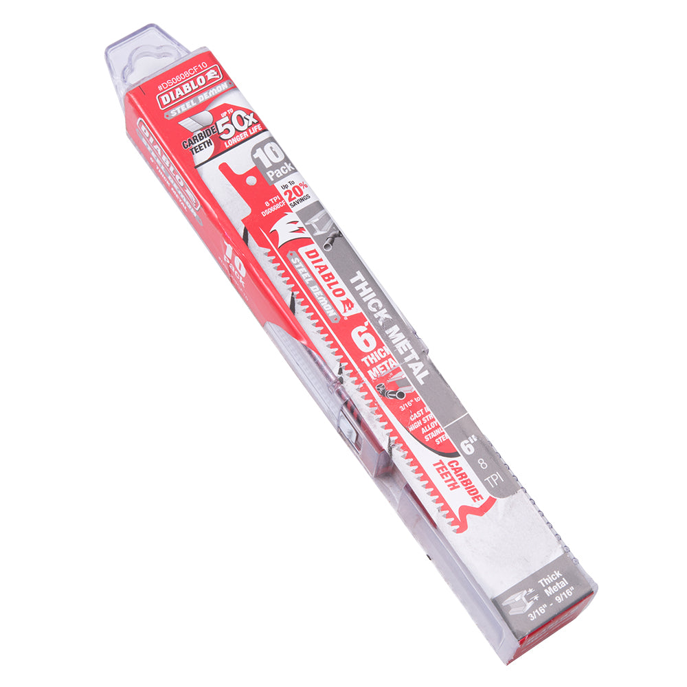 Diablo Steel Demon Carbide Reciprocating Saw Blade For Thick Metal (3/16 Inch to 9/16 Inch) For Boron Steel-Ultra High Strength Steel-Stainless Steel-Cast Iron 6 Inch by 1 Inch 8 TPI 10 Pack