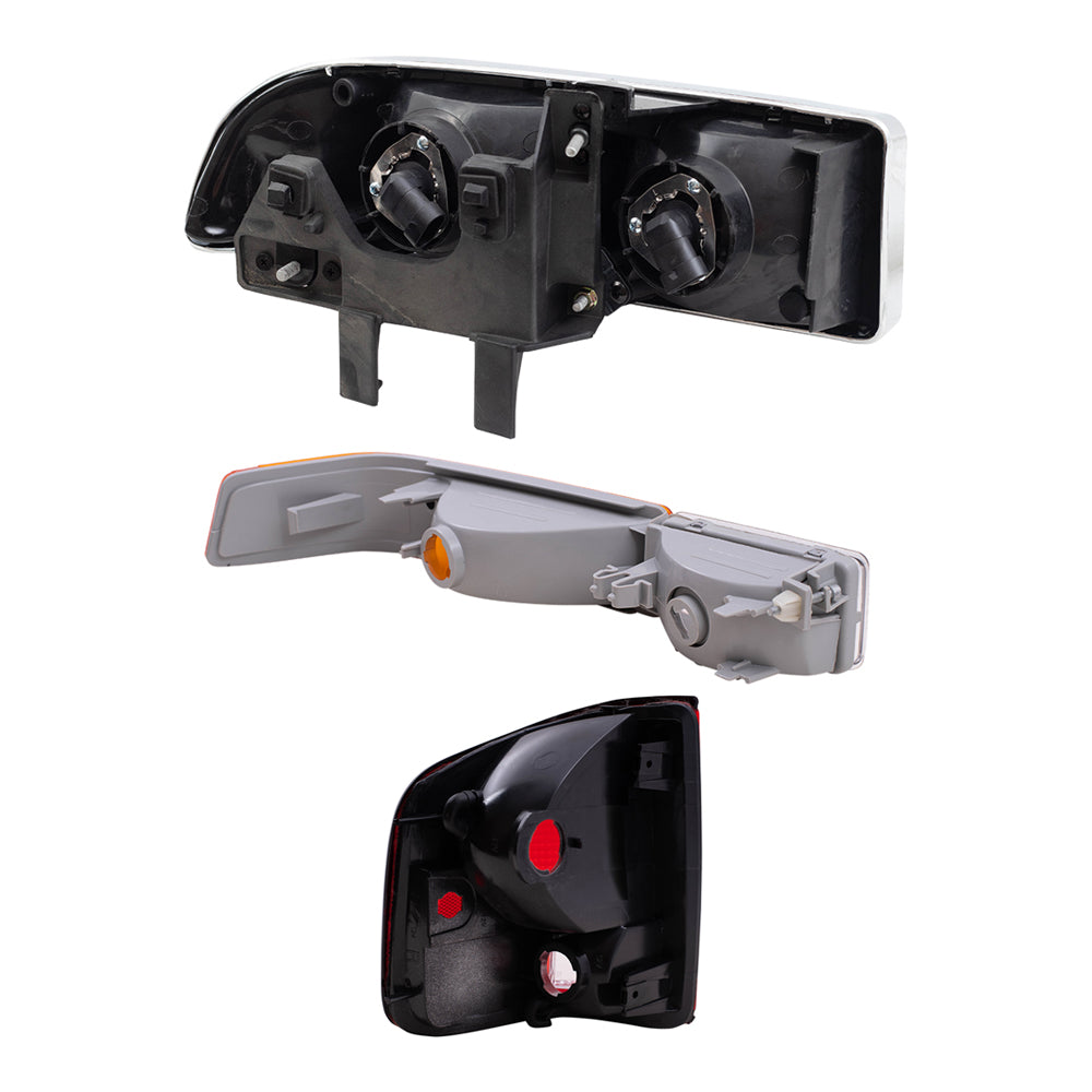 Brock Replacement Driver and Passenger Side Headlights, Park Signal Fog Lights and Tail Lights with Black Edge 6 Piece Set Compatible with 1998-2004 S10