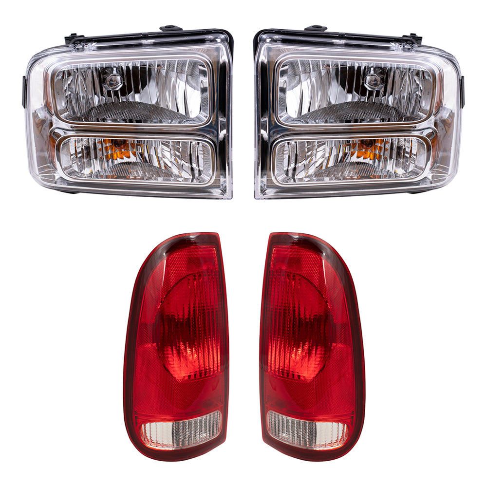 Brock Replacement Headlights with Chrome Bezel and Tail Lights Compatible with 2005 2006 2007 F-Series Super Duty Pickup Truck