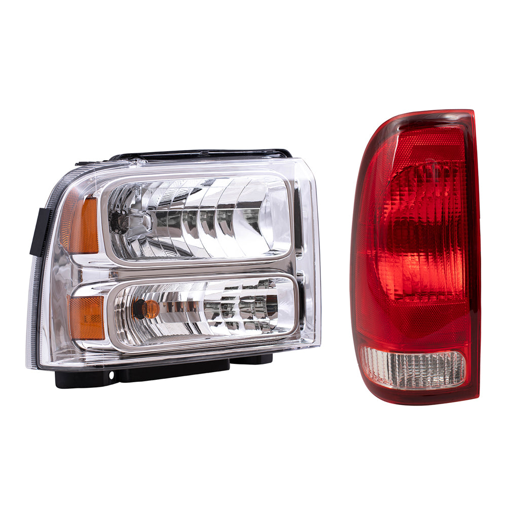 Brock Replacement Headlights with Chrome Bezel and Tail Lights Compatible with 2005 2006 2007 F-Series Super Duty Pickup Truck
