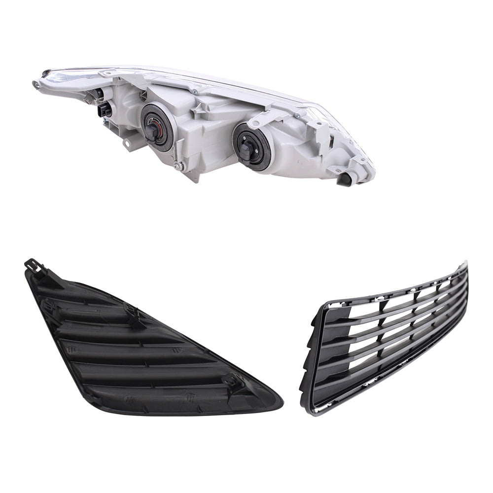 Brock Replacement Driver and Passenger Side Headlights with Chrome Bezel, Black Fog Light Hole Covers and Front Lower Center Bumper Grille 5 Pc Set Compatible with 2012-2014 Camry L/LE/XLE