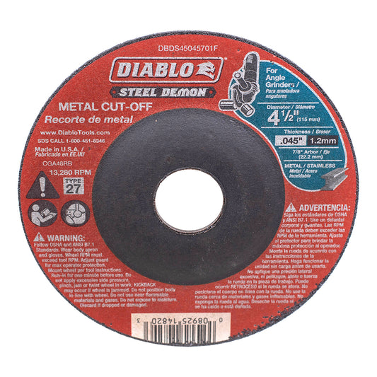 4 1/2 Inch Metal Cut Off Disc .045 Thick - 7/8 Inch Arbor - 13,280 Max RPM 1 Pk