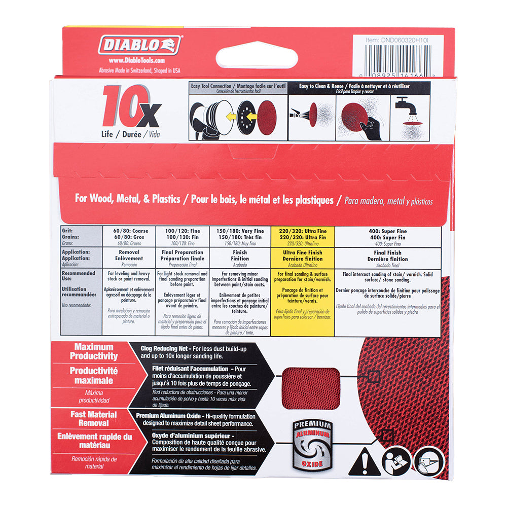 Sanding Disk with Connection Pad 6", 320 Ultra Fine, Grit and Premium Ceramic Grain Blend for Fast Material Removal 10 Pack