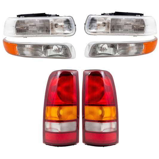 Headlights, Tail Lights & Park Signal Side Lamps 6 Pc Driver and Passenger Set Compatible with 1999-2002 Silverado 1500/2500 Fleetside