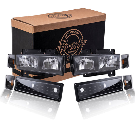 Brock Aftermarket Replacement Front Driver Left Passenger Right 8 Piece Composite Type Performance Light Set Black Bezel Compatible with 1988-1993 Chevy C/K Pickup