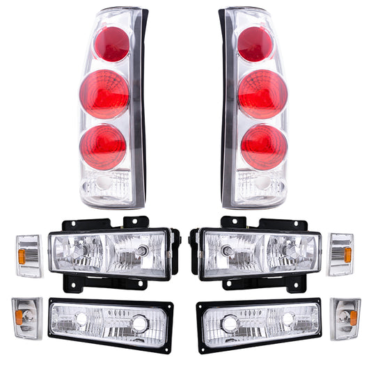 Brock Aftermarket Replacement Front Rear Driver Left Passenger Right 10 Piece Composite Type Performance Light Set Chrome Compatible with 1988-1993 Chevy C/K Pickup