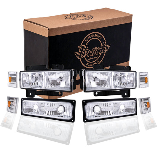 Brock Aftermarket Replacement Front Driver Left Passenger Right 8 Piece Composite Type Performance Light Set Chrome Bezel Compatible with 1988-1993 Chevy C/K Pickup