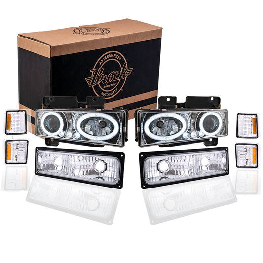 Brock Aftermarket Replacement Front Driver Left Passenger Right 8 Piece Composite Type Performance Light Set Chrome Compatible with 1994-2002 Chevy C/K Pickup