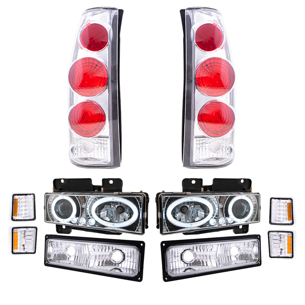 Brock Aftermarket Replacement Front Rear Driver Left Passenger Right 10 Piece Composite Type Performance Light Set Chrome Compatible with 1994-2002 Chevy C/K Pickup