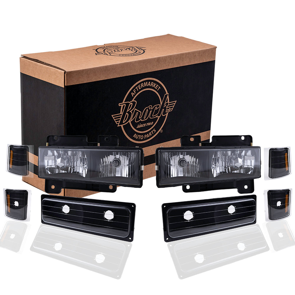 Brock Aftermarket Replacement Front Driver Left Passenger Right 8 Piece Composite Type Performance Light Set Black Bezel Compatible with 1994-2002 Chevy C/K Pickup