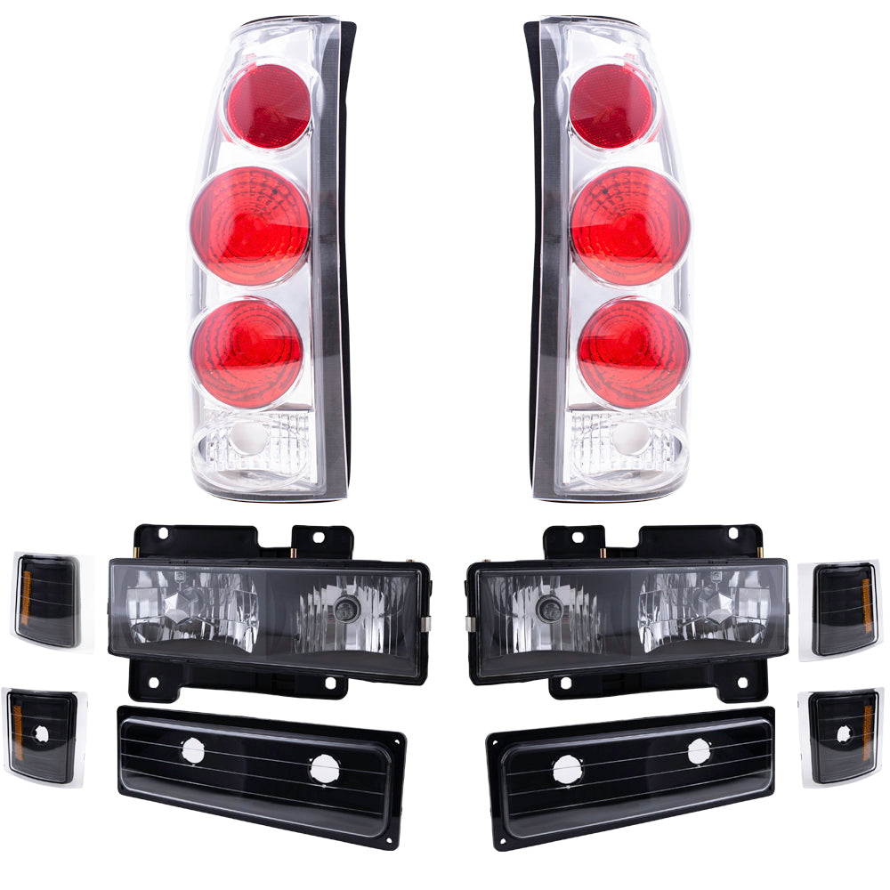 Brock Aftermarket Replacement Front Driver Left Passenger Right 10 Piece Composite Type Performance Light Set Black Bezel Compatible with 1994-2002 Chevy C/K Pickup