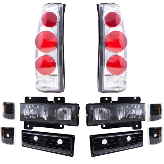 Brock Aftermarket Replacement Front Driver Left Passenger Right 10 Piece Composite Type Performance Light Set Black Bezel Compatible with 1994-2002 Chevy C/K Pickup