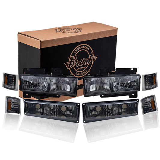 Brock Aftermarket Replacement Front Driver Left Passenger Right 8 Piece Composite Type Performance Light Set Smoked Lens Chrome Bezel Compatible with 1994-2002 Chevy C/K Pickup