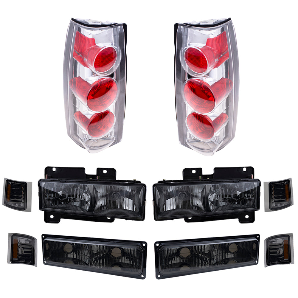 Brock Aftermarket Replacement Front Driver Left Passenger Right 10 Piece Composite Type Performance Light Set Smoked Lens Chrome Bezel Compatible with 1994-2002 Chevy C/K Pickup