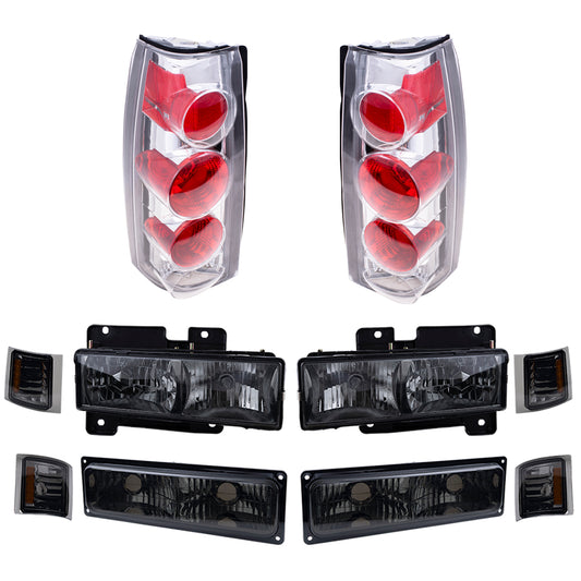 Brock Aftermarket Replacement Front Driver Left Passenger Right 10 Piece Composite Type Performance Light Set Smoked Lens Chrome Bezel Compatible with 1994-2002 Chevy C/K Pickup