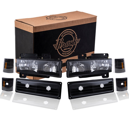 Brock Aftermarket Replacement Front Driver Left Passenger Right 8 Piece Composite Type Performance Light Set Black Bezel Compatible with 1994-2002 GMC C/K Pickup