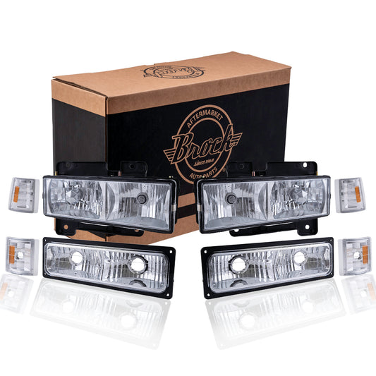 Brock Aftermarket Replacement Front Driver Left Passenger Right 8 Piece Composite Type Performance Light Set Chrome Bezel Compatible with 1994-2002 GMC C/K Pickup
