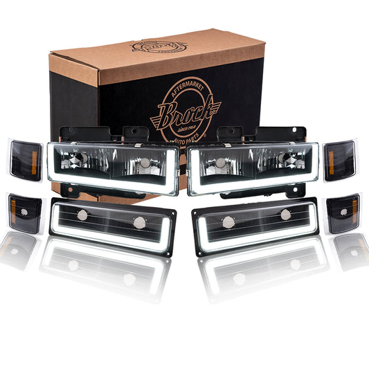 Brock Aftermarket Replacement Front Driver Left Passenger Right 8 Piece Composite Type Performance Light Set Black Bezel With LED DRL Compatible with 1994-2002 Chevy C/K Pickup