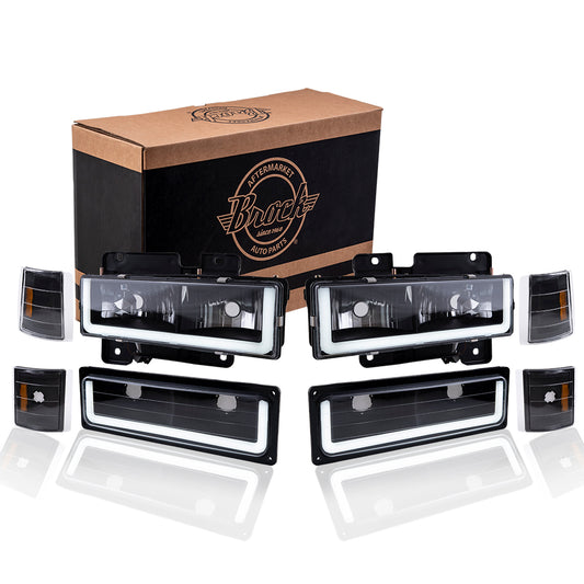 Brock Aftermarket Replacement Front Driver Left Passenger Right 8 Piece Composite Type Performance Light Set Black Bezel With LED DRL Compatible with 1994-2002 GMC C/K Pickup