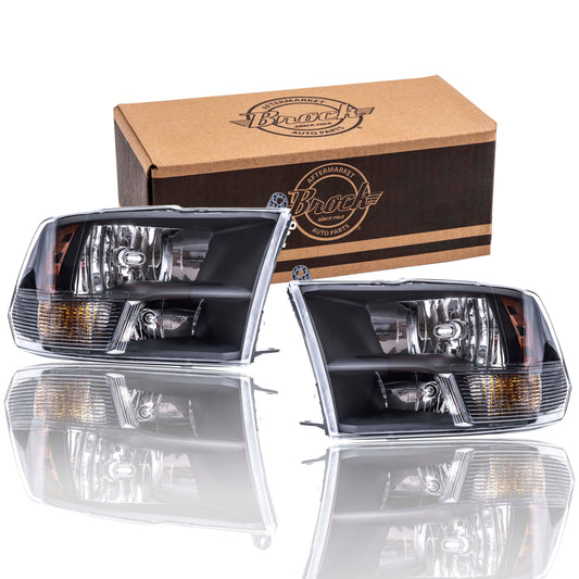 Brock Replacement Driver Left Passenger Right Halogen Combination Headlight Assembly Standard Type With Black Bezel Set Compatible With 2013-2018 RAM Pickup 2019-2023 RAM 1500 Classic