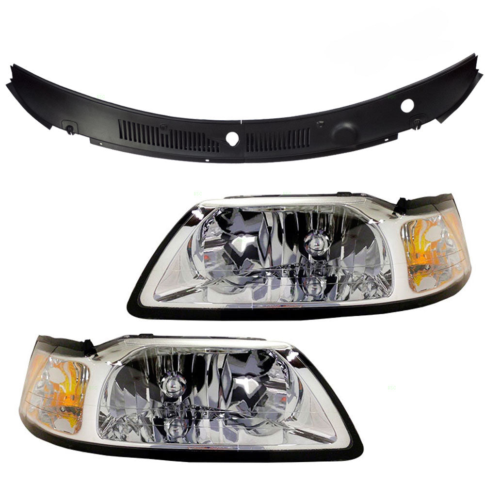 Brock Replacement Set Halogen Headlights with Cowl Grille Panel Compatible with 1999-2004 Mustang