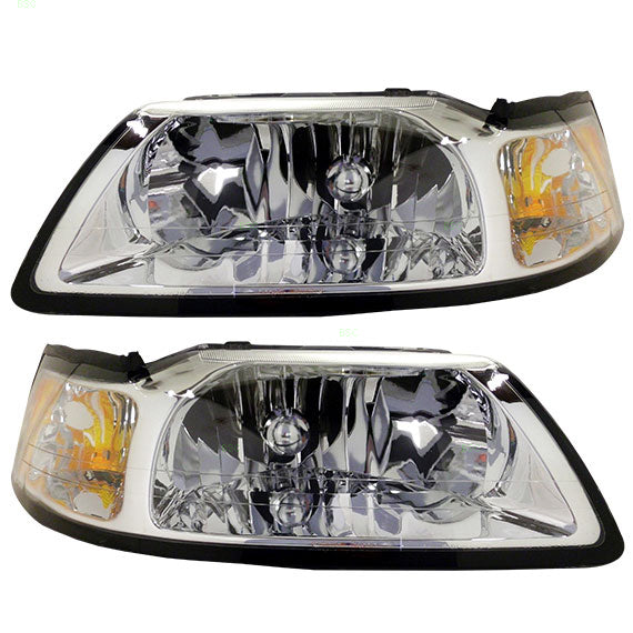 Brock Replacement Set Halogen Headlights with Cowl Grille Panel Compatible with 1999-2004 Mustang