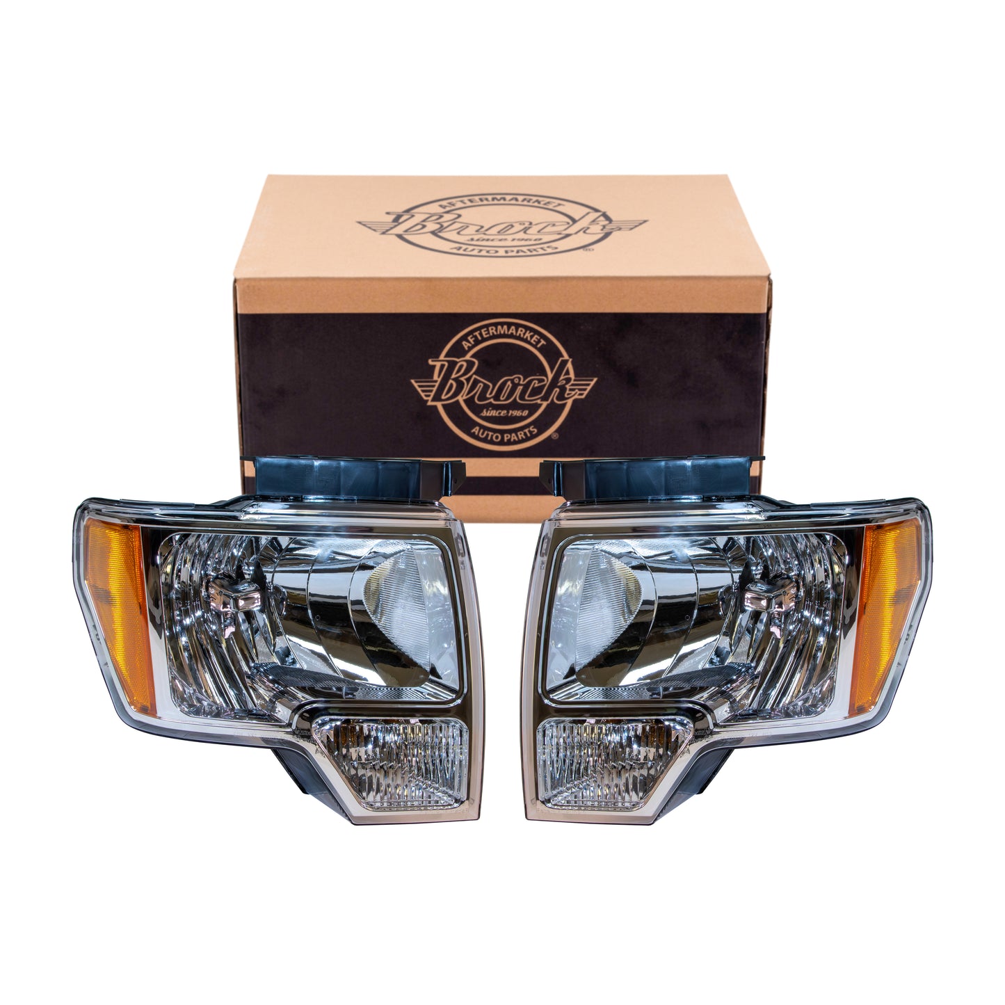 Halogen Combination Headlight Assembly Set Driver Left Passenger Right With Chrome Trim for 2009-2014 Ford F-150