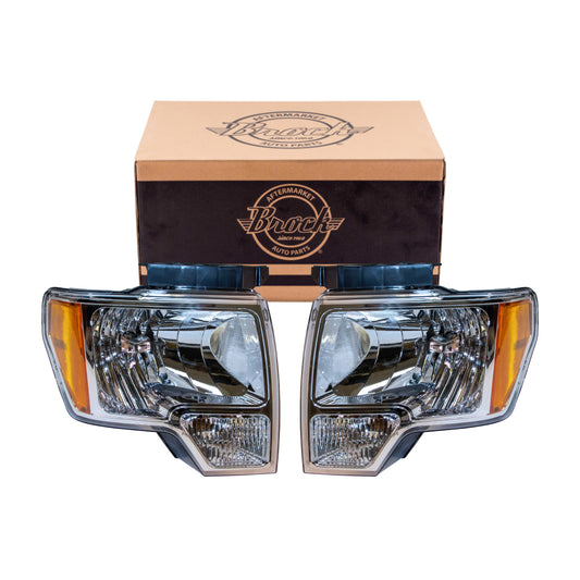 Halogen Combination Headlight Assembly Set Driver Left Passenger Right With Chrome Trim for 2009-2014 Ford F-150