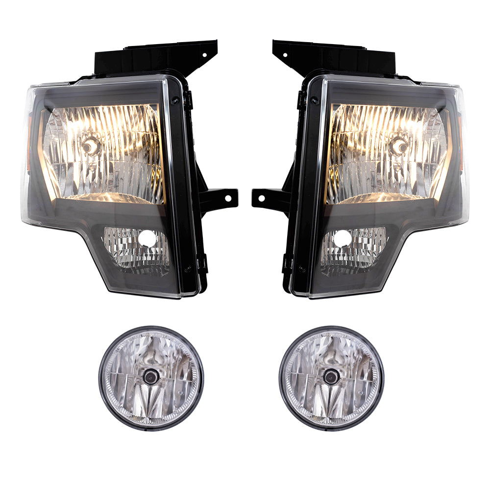 Brock Aftermarket Replacement Driver Left Passenger Right Halogen Combination Headlight Assembly With Black Bezel And Fog Lights 4 Piece Performance Set Compatible With 2011-2014 Ford F-150