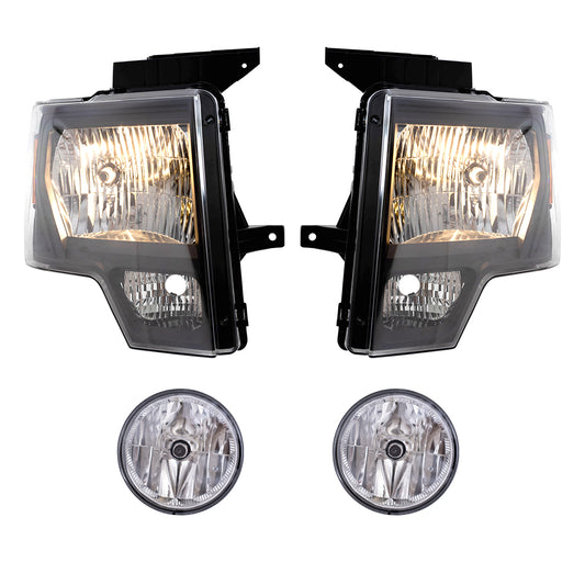 Brock Aftermarket Replacement Driver Left Passenger Right Halogen Combination Headlight Assembly With Black Bezel And Fog Lights 4 Piece Performance Set Compatible With 2011-2014 Ford F-150