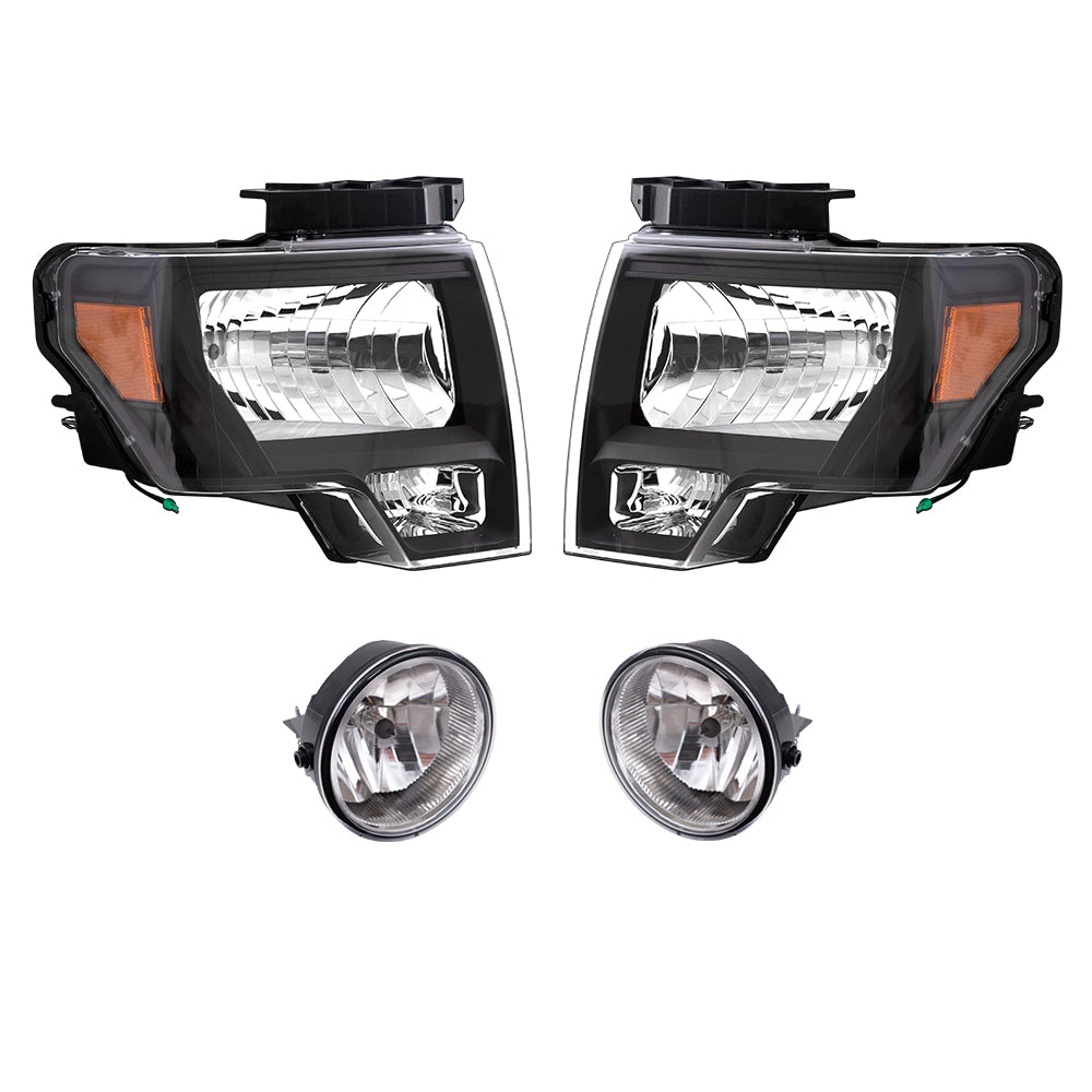 Brock Aftermarket Replacement Driver Left Passenger Right Halogen Combination Headlight Assembly With Black Bezel And Fog Lights 4 Piece Performance Set Compatible With 2011-2014 Ford F-150