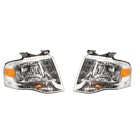 Brock Aftermarket Replacement Driver Left Passenger Right Halogen Combination Headlight Assembly With Chrome Bezel Set Compatible With 2007-2014 Ford Expedition