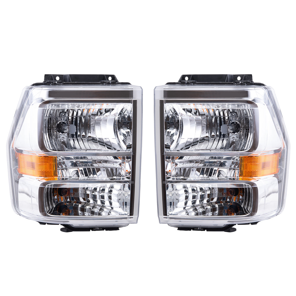 Brock Aftermarket Replacement Driver Left Passenger Right Halogen Combination Headlight Assembly With Chrome Bezel Set Compatible With 2007-2014 Ford Expedition