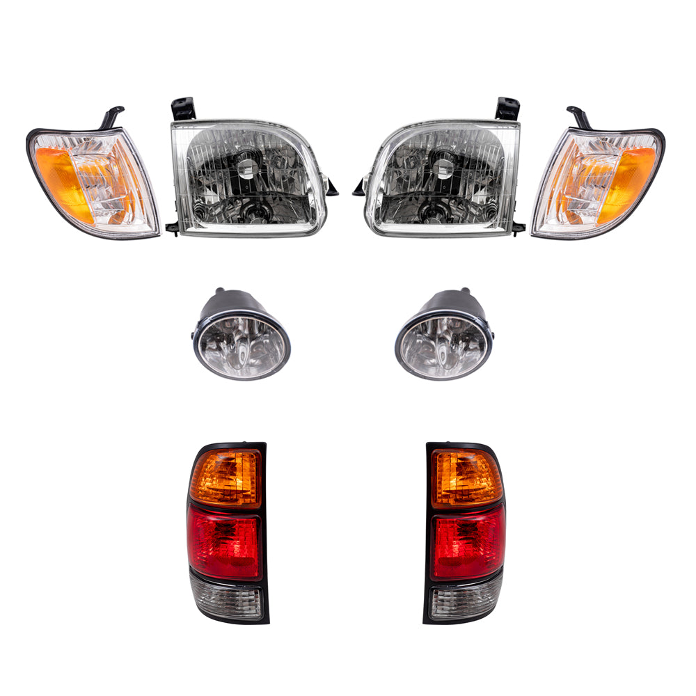 Brock Replacement Driver and Passenger Side Headlights, Signal Marker Lights, Fog Lights and Tail Lights 8 Piece Set Compatible with 2000-2004 Tundra Regular/Access Cab with Standard Bed