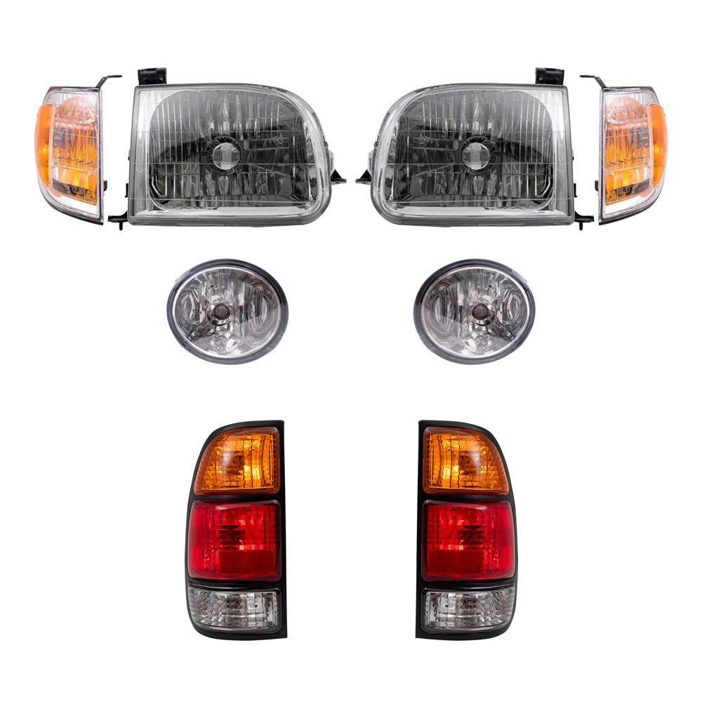 Brock Replacement Driver and Passenger Side Headlights, Signal Marker Lights, Fog Lights and Tail Lights 8 Piece Set Compatible with 2000-2004 Tundra Regular/Access Cab with Standard Bed
