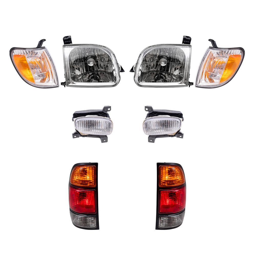 Brock Replacement Driver and Passenger Side Headlights, Signal Marker Lights, Fog Lights and Tail Lights 8 Piece Set Compatible with 2000-2004 Tundra Regular/Access Cab with Standard Bed