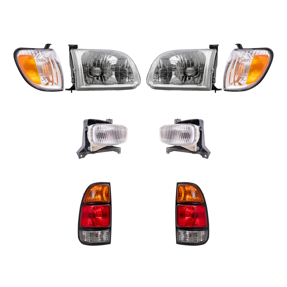 Brock Replacement Driver and Passenger Side Headlights, Signal Marker Lights, Fog Lights and Tail Lights 8 Piece Set Compatible with 2000-2004 Tundra Regular/Access Cab with Standard Bed