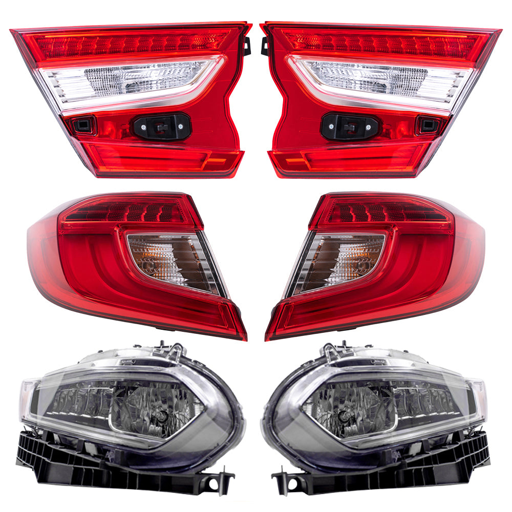 Brock Replacement Driver Left Passenger Right Tail Light & Headlight Assembly 6 Piece Set For 2018-2022 Honda Accord Touring Sedan 2021-2022 Honda Accord Hybrid Touring