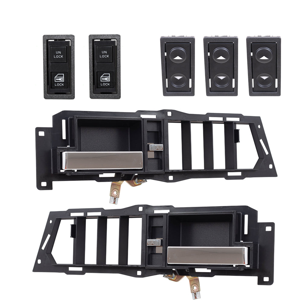 Brock Replacement Driver Left Passenger Right Inside Door Handle With Black Base/Chrome Lever With Window & Lock Switches 7 Piece Set Compatible With 1988-1989 GM C/K Pickup