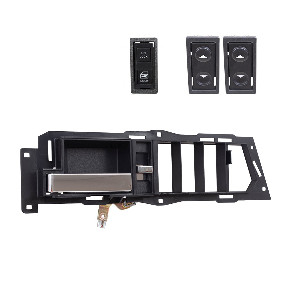 Brock Replacement Driver Left Inside Door Handle With Black Base/Chrome Lever With Window & Lock Switches 4 Piece Set Compatible With 1988-1989 GM C/K Pickup